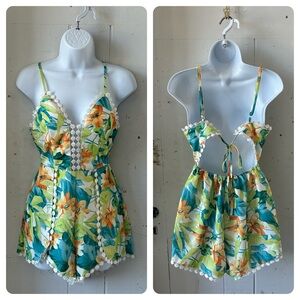 Luxxel Vivid Floral & Lace Romper Shorts Shortall